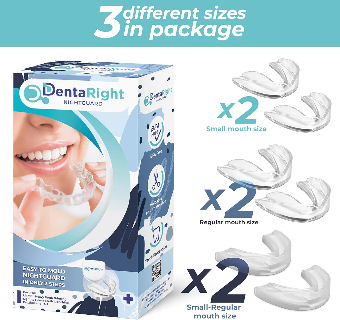 DentaRight Dental Mouthguard for Bruxism, Teeth Grinding and Clenching, Pack of 6 in 3 Different Sizes Moldable